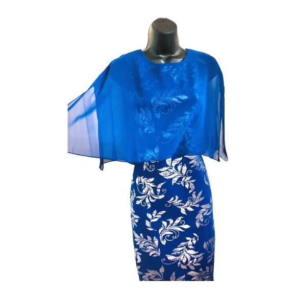 EnFocus studio blue sheer veil cape silver foil print sheath dress size 8P new - Picture 5 of 16